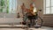 Disabled senior woman paints a picture while sitting in a wheelchair