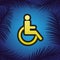 Disabled sign illustration. Vector. Golden icon with black contour at blue background with branches of palm trees.. Illustration.