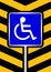 Disabled signs blue colors on black and yellow stripes frame background, sign boards of disability slope path ladder way sign