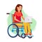 Disabled Woman Person Working Vector. Woman Sitting In Wheelchair. Disabled And Recovering. Flat Cartoon Illustration