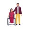 Disabled woman sitting in wheelchair and her romantic partner or friend standing beside. Female character with physical