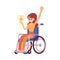 Disabled woman on the wheelchair with award cup flat vector illustration isolated.