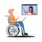 Disabled woman in wheelchair chatting with african american friend in web browser window during video call