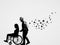 Disabled woman in wheelchair. Loving couple outline. Death, afterlife