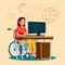 Disabled Woman Working Vector. Socialization Concept. Wheelchair With Person. Flat Cartoon Character