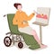 Disabled women on wheel chair hold brush palette color painting mountain landscape on canvas with flat cartoon style