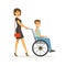 Disabled young man in wheelchair, smiling female friend or volunteer helping him, healthcare assistance and
