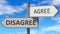 Disagree and agree as a choice - pictured as words Disagree, agree on road signs to show that when a person makes decision he can