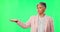 Disagree, old woman and hand presentation on green screen in studio isolated on a background. Face portrait, palm space