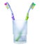 Disagreement: two colorful toothbrushes in glass