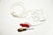 Disassembled double extension cord on white background, top view.
