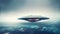 Disc-shaped UFO hovering low above the ocean. Big flying saucer with glowing lights in windows. Alien craft. Generative AI