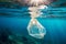 Discarded plastic bag drifting in a tropical blue ocean. Underwater pollution concept. Generative AI