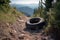 Discarded Tire On Scenic Mountain Trail. Generative AI