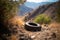 Discarded Tire On Scenic Mountain Trail. Generative AI