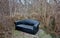 Discarded waste in the forest. The furniture lies in the bushes. The mattress and leather sofa is a temporary homeless home. costl