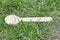 Discarded wooden teaspoon lying on patch of grass making a mess