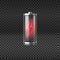 Discharged empty battery glowing with red light charging status indicator on transparent background