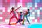 Disco aerobics. Young men in retro, colorful sportswear training against multicolored mosaic studio background