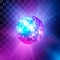 Disco ball with bright rays and bokeh. Music and dance night party background. Abstract night club retro background 80s. Vector