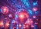 Disco balls hang from the ceiling of a party. Mirrorballs and disco balls hanging from the ceiling in nightclub