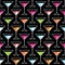 Disco cocktail party seamless pattern with trendy Martini glass on a black background with watercolor elements. Flyer or