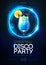 Disco modern cocktail party poster with neon blue sphere and realistic 3d blue lagoon cocktail.