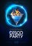 Disco modern cocktail party poster with neon blue sphere and realistic 3d sambuka cocktail.