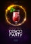 Disco modern cocktail party poster with neon golden sphere and realistic 3d bloody mary cocktail.