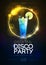 Disco modern cocktail party poster with neon golden sphere and realistic 3d blue lagoon cocktail.