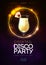 Disco modern cocktail party poster with neon golden sphere and realistic 3d pina colada cocktail.