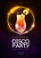 Disco modern cocktail party poster with neon golden sphere and realistic 3d tequila sunrise cocktail.