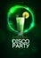 Disco modern cocktail party poster with neon green sphere and realistic 3d cocktail.