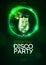 Disco modern cocktail party poster with neon green sphere and realistic 3d mojito cocktail.