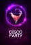 Disco modern cocktail party poster with neon violet sphere and realistic 3d cosmopolitan cocktail.
