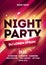 Disco night party vector poster template with shining glow spotlights background