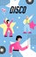 Disco party banner or card with cartoon disco dancers, flat vector illustration.