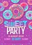 Disco party poster with colorful sweet donuts. Junk fast food background