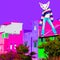 Disco Star Kitty in colorful city space. Contemporary art collage. Party, music, nightlife clubbing concept