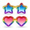 Disco sunglasses in the shape of hearts and stars, frame in rainbow colors