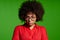 Discontent serious young African-American girl in glasses and red shirt