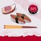 Discount coupon japanese sushi rice with eel on a light gray background