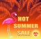 Discount label with hot summer sale lettering, coconut orange palm leaves, offer label and pink flamingo on dark sunset background