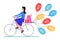 Discount sales vector illustration, cartoon flat happy shopaholic woman character riding bicycle with balloons, carrying