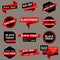 Discounted stickers and promotions of black and red colors on a dark gray background
