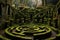 Discover a captivating maze nestled in the heart of a lush forest, An ancient labyrinth with tall, moss-covered stone walls, AI