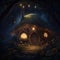 Discover a charming Hobbit house adorned with flowers and lights in a dark and enchanting fantasy forest. Generated by AI