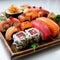 Discover the harmony of taste and aesthetics in this beautifully arranged plate of sushi. Ai generated