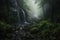 Discover a mystical waterfall hidden deep within a mystical mountain forest shrouded in a thick blanket of mist