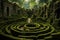 Discover the thrill of navigating through a complex maze hidden in the heart of a lush forest, An ancient labyrinth with tall,